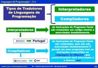 044claudio_cesar_cordeiro@yahoo.com.br
.
Tipos de Tradutores
de Linguagens de
Programação
Interpretadores
Compiladores
Interpretadores
As instruções do Programa Fonte
são traduzidas em código binário e
executadas imediatamente.
Compiladores
As instruções do Programa Fonte
são traduzidas, mas não são
executadas imediatamente! É
gerado um novo programa com as
instruções convertidas na
Linguagem de Máquina, que
posteriormente será executado; é
o famoso .exe.
SO – Sistema Operacional (OS – Operating System)
Linguagem de Programação I - C++
Portugol
C++
 