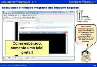 Exemplo de Programa C++
Executando o Primeiro Programa Que Ninguém Esquece!
068claudio_cesar_cordeiro@yahoo.com.br
Para somente
executar o programa
pressionamos Ctrl+F10
ou clicamos no ícone
de executar do
Compilador Dev-C++.
Aparece somente uma
tela preta e o cursor
piscando.
Compilar e
Executar (F9)
Executar (Ctrl+F10)
Compilar (Ctrl+F9)
.
Linguagem de Programação I - C++
Como esperado,
somente uma tela!
preta!!
 