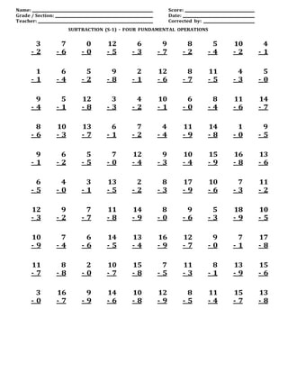 Name:
Grade / Section:
Teacher:
Score:
Date:
Corrected by:
SUBTRACTION (S-1) – FOUR FUNDAMENTAL OPERATIONS
3
- 2
7
- 6
0
- 0
12
- 5
6
- 3
9
- 7
8
- 2
5
- 4
10
- 2
4
- 1
1
- 1
6
- 4
5
- 2
9
- 8
2
- 1
12
- 6
8
- 7
11
- 5
4
- 3
5
- 0
9
- 4
5
- 1
12
- 8
3
- 3
4
- 2
10
- 1
6
- 0
8
- 4
11
- 6
14
- 7
8
- 6
10
- 3
13
- 7
6
- 1
7
- 2
4
- 4
11
- 9
14
- 8
1
- 0
9
- 5
9
- 1
6
- 2
5
- 5
7
- 0
12
- 4
9
- 3
10
- 4
15
- 9
16
- 8
13
- 6
6
- 5
4
- 0
3
- 1
13
- 5
2
- 2
8
- 3
17
- 9
10
- 6
7
- 3
11
- 2
12
- 3
9
- 2
7
- 7
11
- 8
14
- 9
8
- 0
9
- 6
5
- 3
18
- 9
10
- 5
10
- 9
7
- 4
6
- 6
14
- 5
13
- 4
16
- 9
12
- 7
9
- 0
7
- 1
17
- 8
11
- 7
8
- 8
2
- 0
10
- 7
15
- 8
7
- 5
11
- 3
8
- 1
13
- 9
15
- 6
3
- 0
16
- 7
9
- 9
14
- 6
10
- 8
12
- 9
8
- 5
11
- 4
15
- 7
13
- 8
 
