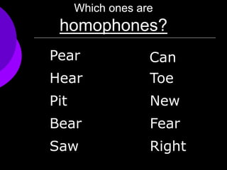 Which ones are
homophones?
Bear
New
Saw
Hear Toe
Pit
Can
Right
Pear
Fear
 