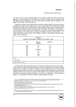 5
406-036-1
The Container Store's Customer Service...
They started a store that carried unconventionalstorage items such as Mason's toolbags under the name 'overnight bags',
eggbaskets were called 'canyalls'and wire leaf burners as 'toy barrels'.The Container Store thus introduced the niche
retail category- storage and organisation,in the home furnishing industry and attracted many other companies into the
segment who were unable to survive in the long run."
Thelayout of the company stores is dMdedinto different sections like closet,kitchen,office and laundry with each one
showcasing products related to that particular section of a house. Typicalcustomers ofThe Container Store are affluent
suburbanites. 'Eifa storage system', a patented,Swedish ventilated shelving and drawer system is its highest selling, and
most profitable product acoounting for 23%" of the company sales of $375 million In 2004 (Exhibit II)." The company has
37 stores across the US,and it is believed that the limiting factor of its expansion is finding and training people who fit the
quality of employees at The Container Store." The company also intends to continue as a private company." The
Container Store sales per square foot amount to $450 in 2004",in comparison to the housewares industry-wide sales
average of $125 per square foot."
Exhibit II
Revenues and Employee details of The Container Store
Year Revenues Employees
($million)
2001 260 1473
2002 271 1677
2003 NotAvailable 1741
2004 375• 1832
2005 425 2464
2006 500' 2857
' Sales
* Future projection.
Source: Compiled by the author
The Container Store, that was consecutively placed on the Fortunes 'best companies to wori< for' list for seven years,
{Exhibit Ill) values the contribution ofits employees towards its sucoess.The company believes that to satisfy the customers,
employees have to be satisfied. "If we expect our employees to astonish customers,we have to first take care ofthem,
because they're going to treat customers the way we treat them. Someone needs to role-modelhow we treat each other,"
saidBarbara Anderson, director of community services and staff development of the company.The company towards this
end practices a 'focused people strategy' that intends to- 'hire for fit, train comprehensively and pay and support for
longevity'." The store spends 18% of its sales on employee related expenditure every year."
z; Montgomel)' Ward, established In 1872deals with the mail order bus!ness of the home furnishing goods and atso seliS through its website- Wards.com.
:.; Storehouse iS ahome fumishlng retaner estabiTshe d In 1969 and operates through 60 stores In 15 states In US.
" Berry, Leonard 'Discovering the Soul of Service', page 197
z; "The Container Store helps pe¢ple think !ns.lde the box', op.cit
3
Augstums, leva M. 'Container Store rearranges office', http://www.dallasnews.com/sharedcontentfdws/busl storlesiDN·contalnerstore_04bus.ARTO.State.
Ed'iiion2.135d2e94.hlrnl,Janl!al)' 4" 2006
BerJY, Leonard 'Discovering the Soul of Servicl!, page114
'Leftovers from the Category Kl!lers BBBr http:fforandautopsy.tjpepad.com/brandautopsy/2005l01/leftovers_from_.h!ml, JanuaJ)' 312005
l! "The Container Store helps people think Inside the box', op.clt
lb!d.
Laabs, Jennifer Koch "Thinking Outs!de the Box at TheConta.Tier Store', (l;'orkforce) http:/Mww.findartic:SS.com/p/articles/mLmOFXS!is_3_80/alJ1836861, March 2001
BerJY, Leonard 'Oisco'lefing the Souf of Service", page179
 
