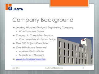 Company Background
 Leading Mid-sized Design & Engineering Company
 HQ in Vadodara, Gujarat
 Concept to Completion Services
 Core competency in Process Design
 Over 200 Projects Completed
 Over 80 In-house Personnel
 Additional 20-25 affiliates
 Scalable to ~120 persons
 www.quantaprocess.com
Jan 2016 Solutions of Excellence 3
 