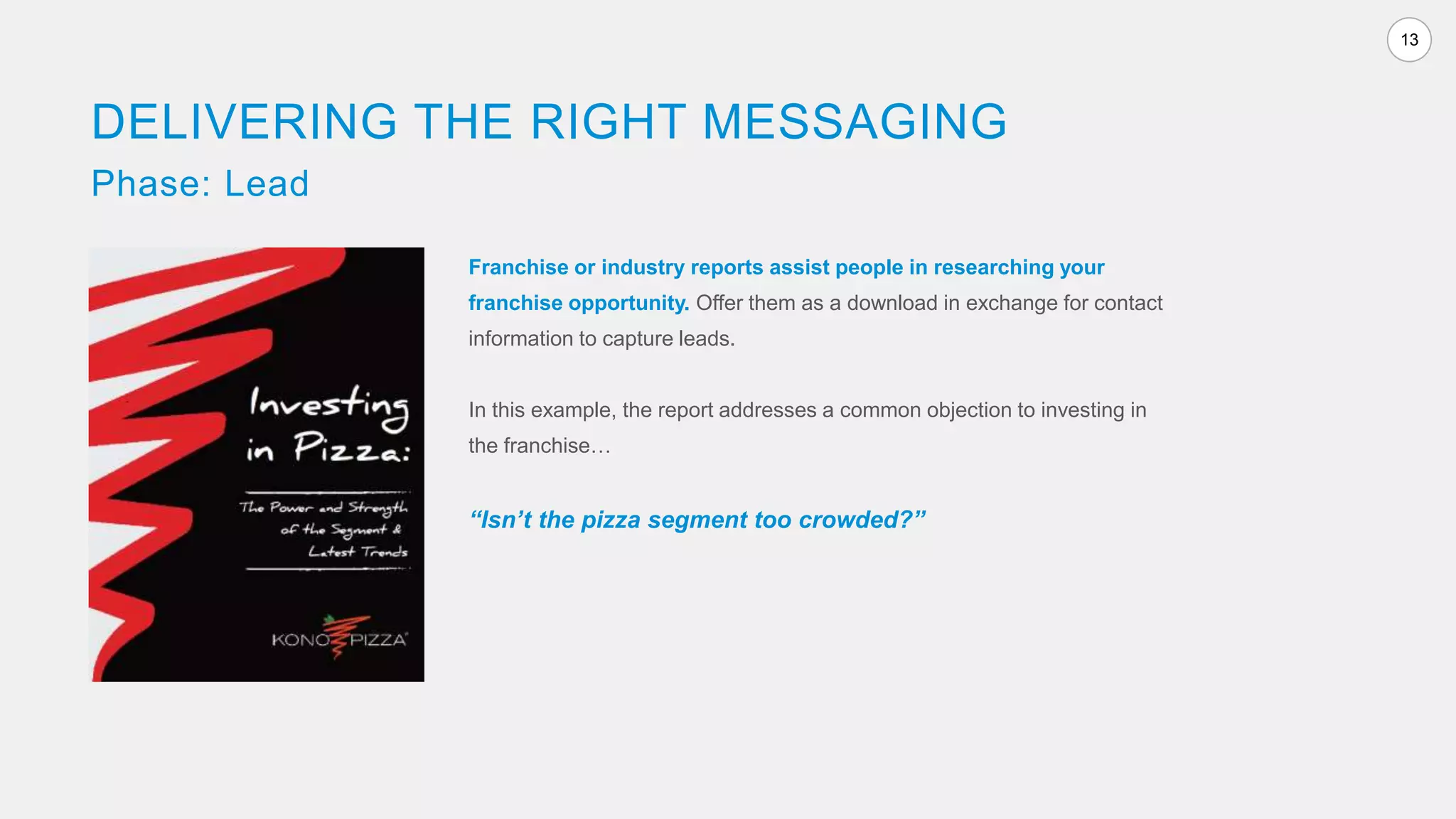 13
Franchise or industry reports assist people in researching your
franchise opportunity. Offer them as a download in exchange for contact
information to capture leads.
In this example, the report addresses a common objection to investing in
the franchise…
“Isn’t the pizza segment too crowded?”
DELIVERING THE RIGHT MESSAGING
Phase: Lead
 