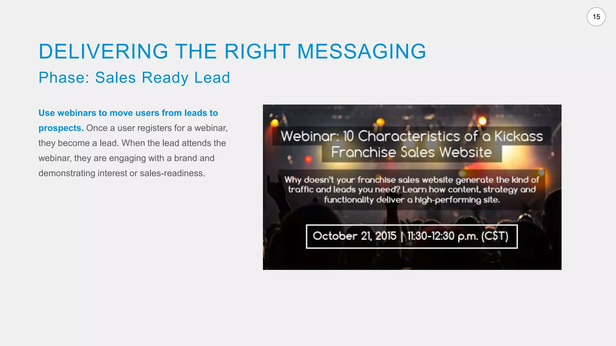 15
Use webinars to move users from leads to
prospects. Once a user registers for a webinar,
they become a lead. When the lead attends the
webinar, they are engaging with a brand and
demonstrating interest or sales-readiness.
DELIVERING THE RIGHT MESSAGING
Phase: Sales Ready Lead
 