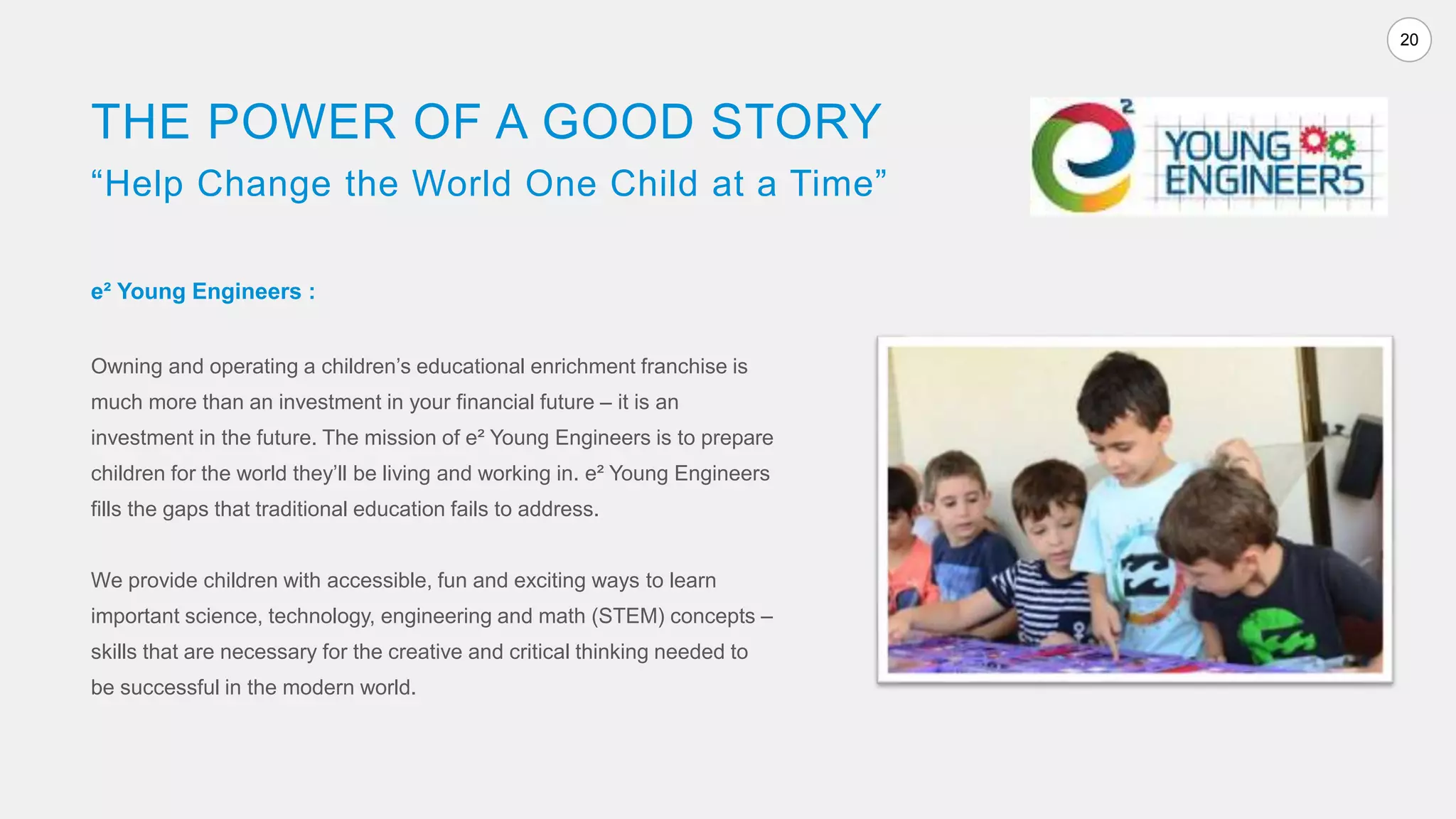 20
THE POWER OF A GOOD STORY
“Help Change the World One Child at a Time”
e² Young Engineers :
Owning and operating a children’s educational enrichment franchise is
much more than an investment in your financial future – it is an
investment in the future. The mission of e² Young Engineers is to prepare
children for the world they’ll be living and working in. e² Young Engineers
fills the gaps that traditional education fails to address.
We provide children with accessible, fun and exciting ways to learn
important science, technology, engineering and math (STEM) concepts –
skills that are necessary for the creative and critical thinking needed to
be successful in the modern world.
 
