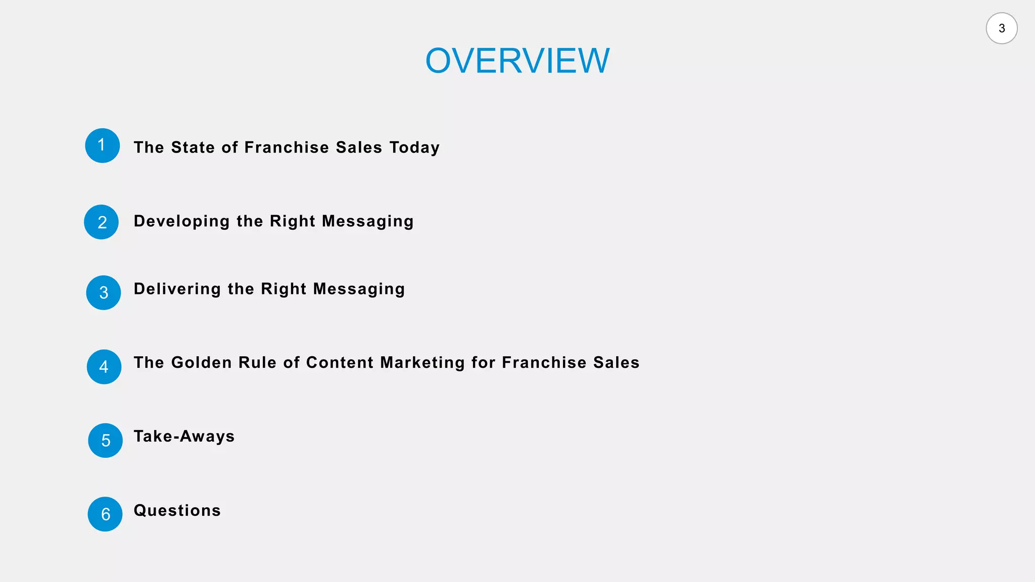3
OVERVIEW
The State of Franchise Sales Today
Developing the Right Messaging
Delivering the Right Messaging
The Golden Rule of Content Marketing for Franchise Sales
1
Take-Aways
2
3
4
5
Questions6
 