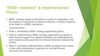 "REDD+ readiness“ & Implementation
Phases
 REDD+ readiness relates to the efforts a country is undertaking, with
the support of multilateral or bilateral initiatives, to build its capacity
to be ready for a REDD+ mechanism.
Implementation :
 Phase 1: Developing a REDD+ strategy supported by grants
 Phase 2: Implementing a REDD+ strategy, supported by (a) grants or
other financial support for capability building, and enabling policies
and measures and (b) payments for emission reductions measured by
proxies.
 Phase 3: Continued implementation of REDD+ strategy in the context
of low-carbon development, payments for verified emission
reductions and removals.
 