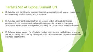 Targets Set At Global Summit UN
 10. Mobilize and significantly increase financial resources from all sources to conserve
and sustainably use biodiversity and ecosystems
 11. Mobilize significant resources from all sources and at all levels to finance
sustainable forest management and provide adequate incentives to developing
countries to advance such management, including for conservation and reforestation
 12. Enhance global support for efforts to combat poaching and trafficking of protected
species, including by increasing the capacity of local communities to pursue sustainable
livelihood opportunities
 