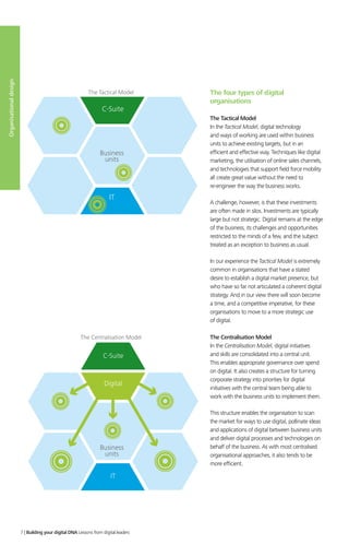 Organisationaldesign
C-Suite
IT
Business
units
The Tactical Model The four types of digital
organisations
The Tactical Model
In the Tactical Model, digital technology
and ways of working are used within business
units to achieve existing targets, but in an
efficient and effective way. Techniques like digital
marketing, the utilisation of online sales channels,
and technologies that support field force mobility
all create great value without the need to
re-engineer the way the business works.
A challenge, however, is that these investments
are often made in silos. Investments are typically
large but not strategic. Digital remains at the edge
of the business, its challenges and opportunities
restricted to the minds of a few, and the subject
treated as an exception to business as usual.
In our experience the Tactical Model is extremely
common in organisations that have a stated
desire to establish a digital market presence, but
who have so far not articulated a coherent digital
strategy. And in our view there will soon become
a time, and a competitive imperative, for these
organisations to move to a more strategic use
of digital.
The Centralisation Model
In the Centralisation Model, digital initiatives
and skills are consolidated into a central unit.
This enables appropriate governance over spend
on digital. It also creates a structure for turning
corporate strategy into priorities for digital
initiatives with the central team being able to
work with the business units to implement them.
This structure enables the organisation to scan
the market for ways to use digital, pollinate ideas
and applications of digital between business units
and deliver digital processes and technologies on
behalf of the business. As with most centralised
organisational approaches, it also tends to be
more efficient.
C-Suite
Digital
IT
Business
units
The Centralisation Model
7 | Building your digital DNA Lessons from digital leaders
 