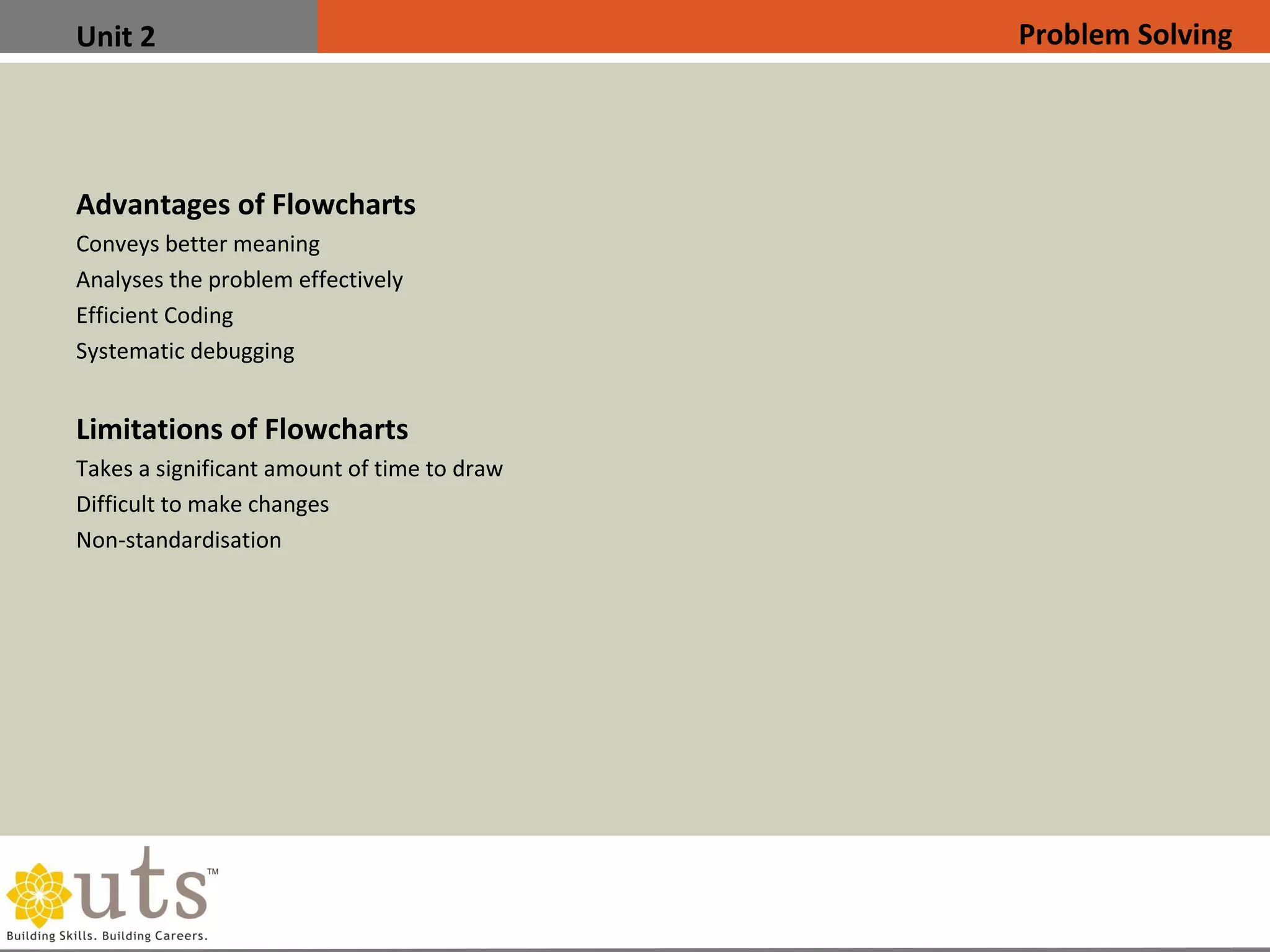 Unit 2
Advantages of Flowcharts
•
Conveys better meaning
•
Analyses the problem effectively
•
Efficient Coding
•
Systematic debugging
Limitations of Flowcharts
•
Takes a significant amount of time to draw
•
Difficult to make changes
•
Non-standardisation
Problem Solving
 