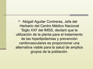  Abigail Aguilar Contreras, Jefa del

Herbario del Centro Médico Nacional
'Siglo XXI' del IMSS, declaró que la
utilización de la planta para el tratamiento
de las hiperlipidemias y prevención
cardiovasculares es proporcionar una
alternativa viable para la salud de amplios
grupos de la población.

 