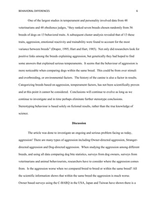 BEHAVIORAL DIFFERENCES 6
One of the largest studies in temperament and personality involved data from 48
veterinarians and 48 obedience judges, “they ranked seven breeds chosen randomly from 56
breeds of dogs on 13 behavioral traits. A subsequent cluster analysis revealed that of 13 these
traits, aggression, emotional reactivity and trainability were found to account for the most
variance between breeds” (Draper, 1995; Hart and Hart, 1985). Not only did researchers look for
positive links among the breeds explaining aggression, but genetically they had hoped to find
some answers that explained serious temperaments. It seems that the behaviour of aggression is
more noticeable when comparing dogs within the same breed. This could be from over stimuli
and overbreeding, or environmental factors. The history of the canine is also a factor in results.
Categorizing breeds based on aggression, temperament factors, has not been scientifically proven
and at this point it cannot be considered. Conclusions will continue to evolve as long as we
continue to investigate and in time perhaps eliminate further stereotype conclusions.
Stereotyping behaviour is based solely on fictional results, rather than the true knowledge of
science.
Discussion
The article was done to investigate an ongoing and serious problem facing us today,
aggression! There are many types of aggression including Owner-directed aggression, Stranger-
directed aggression and Dog-directed aggression. When studying the aggression among different
breeds, and using all data comparing dog bite statistics, surveys from dog owners, surveys from
veterinarians and animal behaviourists, researchers have to consider where the aggression comes
from. Is the aggression worse when we compared breed to breed or within the same breed? All
the scientific information shows that within the same breed the aggression is much worse.
Owner based surveys using the C-BARQ in the USA, Japan and Taiwan have shown there is a
 