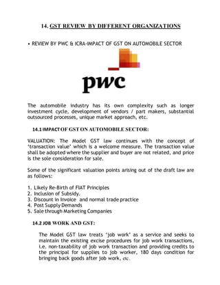 14. GST REVIEW BY DIFFERENT ORGANIZATIONS
• REVIEW BY PWC & ICRA-IMPACT OF GST ON AUTOMOBILE SECTOR
The automobile industr...