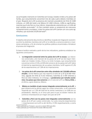 LA ALIANZA DEL PACÍFICO:
UN LARGO CAMINO POR RECORRER HACIA LA INTEGRACIÓN
14
Los principales inversores en Colombia son Europa, Estados Unidos y los países del
Caribe, que conjuntamente concentran tres de cada cuatro dólares invertidos en
el país. Respecto de la AP, la presencia de inversión procedente de Chile ($ 4.680
millones, un 3,8% del total) y de México ($ 3.460 millones, 2,8%) es significativa,
mientras que la de Perú es muy inferior, respondiendo solamente por un 0,4% del
total recibido acumulado25
. En Perú también existe un predominio de inversores
norteamericanos y europeos, si bien los países de la AP cuentan con una cuota sig-
nificativa, que asciende al 9,6% del total26
.
Conclusiones
El objetivo del presente documento es identificar el grado de integración económi-
ca entre los distintos miembros de la AP, en lo referido a comercio exterior e inver-
siones extranjeras, a fin de orientar las políticas públicas encaminadas a fortalecer
el proceso de integración.
En base al análisis realizado a partir de los tres indicadores, podemos establecer las
siguientes conclusiones:
1.	 La integración comercial entre los países de la AP es escasa. Las relacio-
nes comerciales y de inversión de los países de la AP son de mayor inten-
sidad con Estados Unidos, China y la Unión Europea, que conjuntamente
concentran entre el 51% y el 85% del comercio de los países de la AP. Sobre
el total de las exportaciones de sus países miembros, la AP supone el 5,3%
de las exportaciones y el 7,8% de las importaciones.
2.	 Los países de la AP comercian entre ellos alrededor de $ 20.000 millones
anuales, siendo México que más exportó al resto de la AP ($ 8.590 millo-
nes), seguido de Chile ($ 4.153 millones), Colombia ($ 3.709 millones) y
Perú ($ 3.022 millones). Sin embargo, si ponderamos por tamaño econó-
mico, los países que más comercia con el resto de la AP son Perú y Chile, y
el último, a gran distancia, México.
3.	 México es también el país menos integrado comercialmente en la AP, a
gran distancia de los demás según las cuotas comerciales. La AP solamente
responde por un 2,3% del total de las ventas mexicanas y un 0,8% de sus
proveedores. Además, es el único país para el que no existen indicios de
comercio intraindustrial con ningún otro país de la AP.
4.	 Colombia y Perú son los países más integrados comercialmente con los
países de la AP por cuotas comerciales. Su cuota conjunta (exportaciones
+ importaciones) con la AP es del 18,5% y 17,9% respectivamente, a cierta
25
Datos publicados por Proexport, cuya serie va desde 1994 hasta 2013.
26
Datos publicados por Proinversión Perú desde 1980 hasta 2013.
 