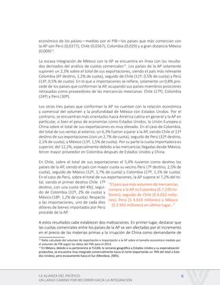 LA ALIANZA DEL PACÍFICO:
UN LARGO CAMINO POR RECORRER HACIA LA INTEGRACIÓN
6
económico de los países—medido por el PIB—los países que más comercian con
la AP son Perú (0,0377), Chile (0,0367), Colombia (0,029) y a gran distancia México
(0,009)12
.
La escasa integración de México con la AP se encuentra en línea con los resulta-
dos derivados del análisis de cuotas comerciales13
. Los países de la AP solamente
suponen un 2,3% sobre el total de sus exportaciones, siendo el país más relevante
Colombia (6º destino, 1,2% de cuota), seguido de Chile (11º, 0,5% de cuota) y Perú
(13º, 0,5% de cuota). En lo que a importaciones se refiere, solamente un 0,8% pro-
cede de los países que conforman la AP, ocupando sus países miembros posiciones
retrasadas como proveedores de las mercancías mexicanas: Chile (17º), Colombia
(24º) y Perú (30º).
Los otros tres países que conforman la AP no cuentan con la relación económica
y comercial del volumen y la profundidad de México con Estados Unidos. Por el
contrario, se encuentran más orientados hacia América Latina en general y la AP en
particular, si bien el peso de economías como Estados Unidos, la Unión Europea o
China sobre el total de sus exportaciones es muy elevado. En el caso de Colombia,
del total de sus ventas al exterior, un 6,3% fueron a parar a la AP, siendo Chile el 11º
destino de sus exportaciones (con un 2,7% de cuota), seguido de Perú (12º destino,
2,1% de cuota), y México (13º, 1,5% de cuota). Por su parte la cuota importadora es
superior, del 12,2%, especialmente debido a las mercancías llegadas desde México,
tercer mayor proveedor en Colombia después de Estados Unidos y China.
En Chile, sobre el total de sus exportaciones el 5,4% tuvieron como destino los
países de la AP, siendo el país con mayor cuota su vecino Perú (7º destino, 2,5% de
cuota), seguido de México (12º, 1,7% de cuota) y Colombia (17º, 1,1% de cuota).
En el caso de Perú, sobre el total de sus exportaciones, la AP supone el 7,2% del to-
tal, siendo el primer destino Chile (7º
destino, con una cuota del 4%), segui-
do de Colombia (12º, 2% de cuota) y
México (18º, 1,2% de cuota). Respecto
a las importaciones, uno de cada diez
dólares de bienes importados por Perú
procede de la AP.
A estos resultados cabe establecer dos matizaciones. En primer lugar, destacar que
las cuotas comerciales entre los países de la AP se ven afectadas por el incremento
en el precio de las materias primas y la irrupción de China como demandante de
12
Ratio calculado del volumen de exportación e importación a la AP sobre el tamaño económico medido por
el volumen de PIB según los datos del FMI para el 2013.
13
En México, debido a su pertenencia al TLCAN, la cercanía geográfica a Estados Unidos y su especialización
productiva, se encuentra muy integrado comercialmente hacia el norte (exportando un 79% del total a Esta-
dos Unidos), pero escasamente hacia el Sur (Mendoza, 2005).
“El país que más volumen de mercancías
compra a la AP es Colombia ($ 7.270 mi-
llones), seguido de Chile ($ 6.022 millo-
nes), Perú ($ 4.614 millones) y México
($ 2.935 millones) en último lugar...”
 