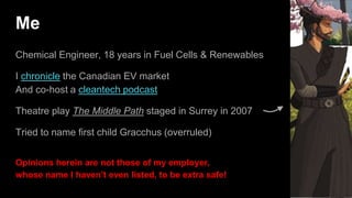 Me
Chemical Engineer, 18 years in Fuel Cells & Renewables
I chronicle the Canadian EV market
And co-host a cleantech podcast
Theatre play The Middle Path staged in Surrey in 2007
Tried to name first child Gracchus (overruled)
Opinions herein are not those of my employer,
whose name I haven’t even listed, to be extra safe!
 
