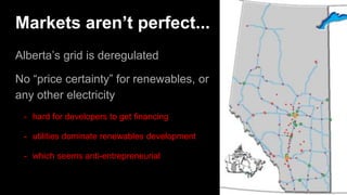 Markets aren’t perfect...
Alberta’s grid is deregulated
No “price certainty” for renewables, or
any other electricity
- hard for developers to get financing
- utilities dominate renewables development
- which seems anti-entrepreneurial
 