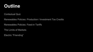Outline
Contextual Quiz
Renewables Policies: Production / Investment Tax Credits
Renewables Policies: Feed-in Tariffs
The Limits of Markets
Electric “Friending”
 