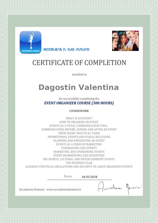 Certificate Completion Course Event Organiser