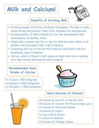 Milk and Calcium!
Benefits of Drinking Milk
 Drinking enough milk from childhood throughout life help to make
bones strong and protect them from diseases like osteoporosis
 Drinking plenty of milk is beneficial for the development and
maintenance of healthy teeth
 People who consume non-fat or low-fat milk are more likely to be
slimmer and decreases their risk of obesity
 Consuming non-fat or low-fat milk reduces individual’s risk for
developing type 2 diabetes
 Calcium, which is found in milk, plays an important role in making
sure that nerves and muscles work properly

Recommended Daily
Intake of Calcium
1-3 years: 700 milligrams
4-8 years: 1,000 milligrams
9-18 years: 1,300 milligrams
Good Sources of Calcium!
8 ounces of non-fat or low-fat milk
8 ounces of calcium-fortified orange juice
2 ounces of American cheese
6 ounces of yogurt
½ cup collard greens
1 ounce of almonds
4 ounces of cottage cheese
 