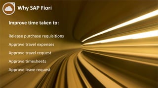 Why SAP Fiori
Improve time taken to:
Release purchase requisitions
Approve travel expenses
Approve travel request
Approve timesheets
Approve leave request
 