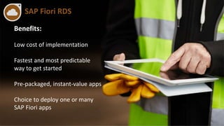 SAP Fiori RDS
Benefits:
Low cost of implementation
Fastest and most predictable
way to get started
Pre-packaged, instant-value apps
Choice to deploy one or many
SAP Fiori apps
 