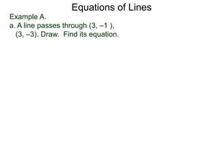 Equations of Lines
Example A.
a. A line passes through (3, –1 ),
(3, –3). Draw. Find its equation.
 