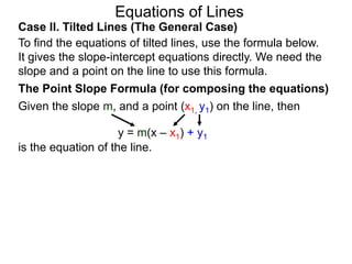 Equations of Lines
Case II. Tilted Lines (The General Case)
To find the equations of tilted lines, use the formula below.
It gives the slope-intercept equations directly. We need the
slope and a point on the line to use this formula.
Given the slope m, and a point (x1, y1) on the line, then
The Point Slope Formula (for composing the equations)
y = m(x – x1) + y1
is the equation of the line.
 