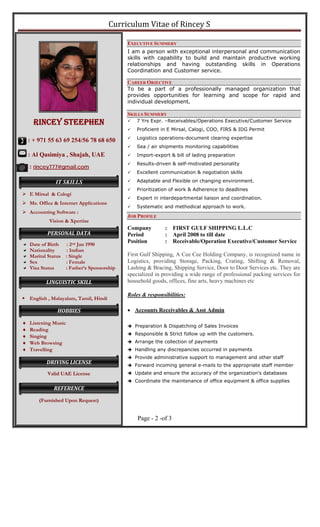 Curriculum Vitae of Rincey S 
Page - 2 -of 3
EXECUTIVE SUMMERY
I am a person with exceptional interpersonal and communication
skills with capability to build and maintain productive working
relationships and having outstanding skills in Operations
Coordination and Customer service.
CAREER OBJECTIVE
To be a part of a professionally managed organization that
provides opportunities for learning and scope for rapid and
individual development.
SKILLS SUMMERY
 7 Yrs Expr. –Receivables/Operations Executive/Customer Service
 Proficient in E Mirsal, Calogi, COO, FIRS & IDG Permit
 Logistics operations-document clearing expertise
 Sea / air shipments monitoring capabilities
 Import-export & bill of lading preparation
 Results-driven & self-motivated personality
 Excellent communication & negotiation skills
 Adaptable and Flexible on changing environment.
 Prioritization of work & Adherence to deadlines
 Expert in interdepartmental liaison and coordination.
 Systematic and methodical approach to work.
JOB PROFILE
Company : FIRST GULF SHIPPING L.L.C
Period : April 2008 to till date
Position : Receivable/Operation Executive/Customer Service
First Gulf Shipping, A Cee Cee Holding Company, is recognized name in
Logistics, providing Storage, Packing, Crating, Shifting & Removal,
Lashing & Bracing, Shipping Service, Door to Door Services etc. They are
specialized in providing a wide range of professional packing services for
household goods, offices, fine arts, heavy machines etc
Roles & responsibilities:
 Accounts Receivables & Asst Admin
 Preparation & Dispatching of Sales Invoices
 Responsible & Strict follow up with the customers.
 Arrange the collection of payments
 Handling any discrepancies occurred in payments
 Provide administrative support to management and other staff
 Forward incoming general e-mails to the appropriate staff member
 Update and ensure the accuracy of the organization's databases
 Coordinate the maintenance of office equipment & office supplies
RINCEY STEEPHEN
: + 971 55 63 69 254/56 78 68 650
:: AAll QQaassiimmiiyyaa ,, SShhaajjaahh,, UUAAEE
: rincey777@gmail.com
 E Mirsal & Calogi
 Ms. Office & Internet Applications
 Accounting Software :
Vision & Xpertise
Date of Birth : 2nd Jan 1990
Nationality : Indian
Marital Status : Single
Sex : Female
Visa Status : Father’s Sponsorship
 English , Malayalam, Tamil, Hindi
 Listening Music
 Reading
 Singing
 Web Browsing
 Travelling
VVaalliidd UUAAEE LLiicceennssee
((FFuurrnniisshheedd UUppoonn RReeqquueesstt))
IT SKILLS
PERSONAL DATA
LINGUISTIC SKILL 
HOBBIES 
DRIVING LICENSE 
REFERENCE 
 