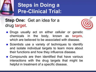 Steps in Doing a
Pre-Clinical Trial:
 Drugs usually act on either cellular or genetic
chemicals in the body, known as targets,
which are believed to be associated with disease.
 Scientists use a variety of techniques to identify
and isolate individual targets to learn more about
their functions and how they influence disease.
 Compounds are then identified that have various
interactions with the drug targets that might be
helpful in treatment of a specific disease.
Step One: Get an idea for a
drug target.
 