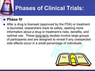 Phases of Clinical Trials:
 Phase IV
 After a drug is licensed (approved by the FDA) or treatment
is launched, researchers track its safety, seeking more
information about a drug or treatment’s risks, benefits, and
optimal use. These long-term studies involve large groups
of participants and are designed to reveal if any unexpected
side effects occur in a small percentage of individuals.
Sep 2015
 