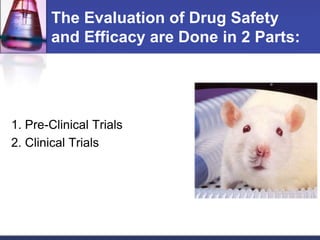 The Evaluation of Drug Safety
and Efficacy are Done in 2 Parts:
1. Pre-Clinical Trials
2. Clinical Trials
 