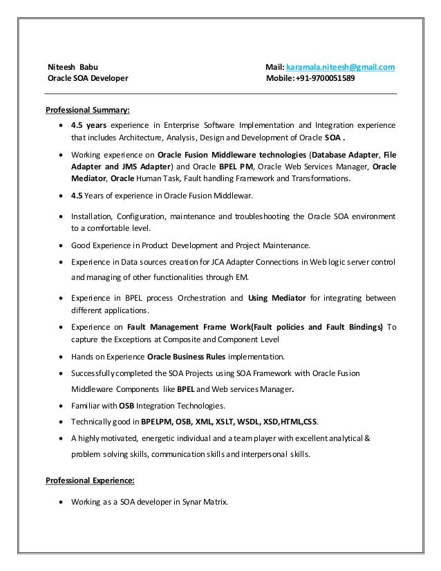 soa resume oracle developer resumes