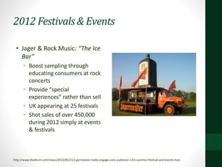 2012 Festivals & Events
• Jager & Rock Music: “The Ice
Bar”
• Boost sampling through
educating consumers at rock
concerts
• Provide “special
experiences” rather than sell
• UK appearing at 25 festivals
• Shot sales of over 450,000
during 2012 simply at events
& festivals
http://www.thedrum.com/news/2014/05/21/j-germeister-looks-engage-core-audience-12m-summer-festival-and-events-tour
 