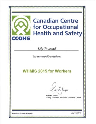 Lily Tourond - WHMIS 2015 Certificate