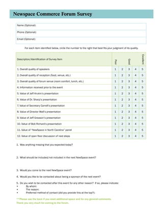 Newspace Commerce Forum Survey
For each item identified below, circle the number to the right that best fits your judgment of its quality.
Name (Optional):
Phone (Optional):
Email (Optional):
Description/Identification of Survey Item
1. Overall quality of speakers 1 2 3 4 5
2. Overall quality of reception (food, venue, etc.) 1 2 3 4 5
3. Overall quality of forum venue (room comfort, lunch, etc.) 1 2 3 4 5
4. Information received prior to the event 1 2 3 4 5
5. Value of Jeff Krukin’s presentation 1 2 3 4 5
6. Value of Dr. Sharp’s presentation 1 2 3 4 5
7. Value of Secretary Carroll’s presentation 1 2 3 4 5
8. Value of Director Wall’s presentation 1 2 3 4 5
9. Value of Jeff Greason’s presentation 1 2 3 4 5
10. Value of Bob Richard’s presentation 1 2 3 4 5
11. Value of “NewSpace in North Carolina” panel 1 2 3 4 5
12. Value of open floor discussion of next steps 1 2 3 4 5
1. Was anything missing that you expected today?
2. What should be included/not included in the next NewSpace event?
3. Would you come to the next NewSpace event?
4. Would you like to be contacted about being a sponsor of the next event?
5. Do you wish to be contacted after this event for any other reason? If so, please indicate:
•	 By whom:
•	 The reason:
•	 Preferred method of contact (did you provide this at the top?):
**Please use the back if you need additional space and for any general comments.
Thank you very much for coming to the forum.
Poor
Good
Excellent
 