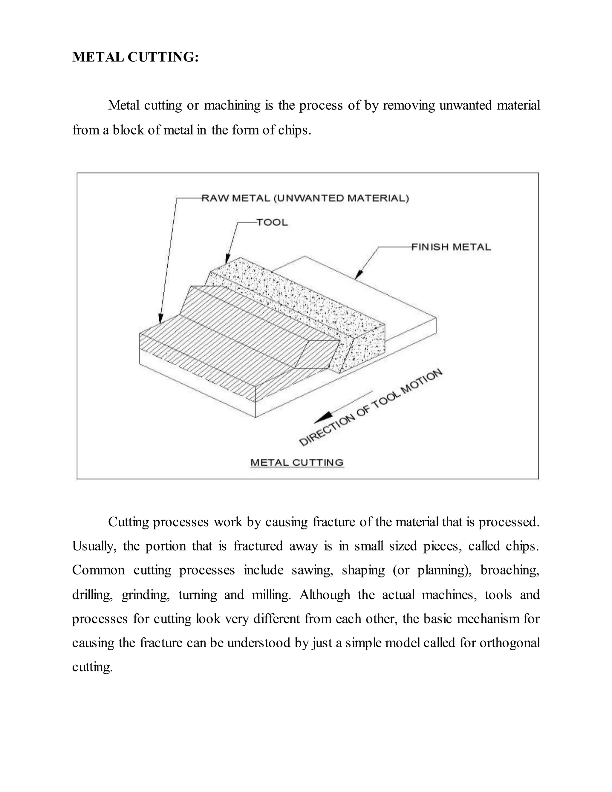 METAL CUTTING:
Metal cutting or machining is the process of by removing unwanted material
from a block of metal in the form of chips.
Cutting processes work by causing fracture of the material that is processed.
Usually, the portion that is fractured away is in small sized pieces, called chips.
Common cutting processes include sawing, shaping (or planning), broaching,
drilling, grinding, turning and milling. Although the actual machines, tools and
processes for cutting look very different from each other, the basic mechanism for
causing the fracture can be understood by just a simple model called for orthogonal
cutting.
 