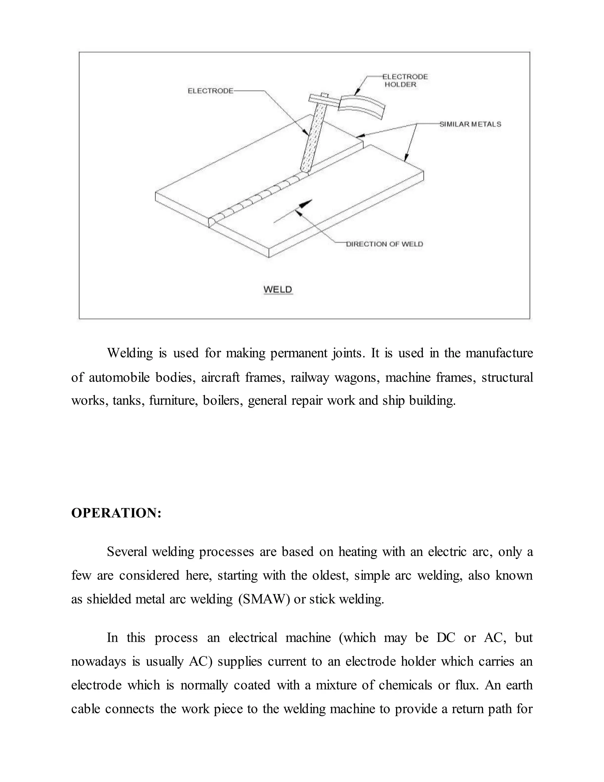 Welding is used for making permanent joints. It is used in the manufacture
of automobile bodies, aircraft frames, railway wagons, machine frames, structural
works, tanks, furniture, boilers, general repair work and ship building.
OPERATION:
Several welding processes are based on heating with an electric arc, only a
few are considered here, starting with the oldest, simple arc welding, also known
as shielded metal arc welding (SMAW) or stick welding.
In this process an electrical machine (which may be DC or AC, but
nowadays is usually AC) supplies current to an electrode holder which carries an
electrode which is normally coated with a mixture of chemicals or flux. An earth
cable connects the work piece to the welding machine to provide a return path for
 