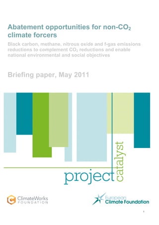 1
Abatement opportunities for non-CO2
climate forcers
Black carbon, methane, nitrous oxide and f-gas emissions
reductions to complement CO2 reductions and enable
national environmental and social objectives
Briefing paper, May 2011
 