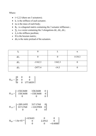 Where:
 i=1,2,3 (there are 3 actuators);
 ki is the stiffness of each actuator;
 mi is the mass of each body;
 KF is a diagonal matrix containing the 3 actuator stiffnesses ;
 Yk is a vector containing the 3 elongations 1, 2, 3;
 Jk is the stiffness jacobian;
 H is the hessian matrix;
 0 is the static preload of the actuators.
Jk θ λ α
1 0 0 1134.3
2 -1162.3 1162.3 0
3 -2477.4 -14.3 0
HΔl1 = [ ]
H Δl2 = [ ]
H Δl3 = [ ]
Hhg1 = 1.0e+03 * [ ]
 