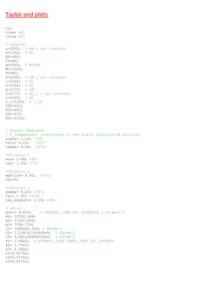 Taylor and plots
clc
clear all
close all
% Lengths
a=3025; % AB ; not constant
b=1150; % BC
EF=600;
CD=EF;
g=2500; % NG=DE
NC=1100;
FG=NC;
h=2400; % GH ; not constant
l=2500; % HL
n=2300; % NL
m=1175; % LM
j=2175; % MI_1 ; not constant
c=3100; % AC
I_1=1250; % I_1H
CG2=623;
FG3=467;
LG1=675;
PG1=2550;
% Angles (degrees)
% I_1ndependent coordinates in the static equilibrium position
alpha= 1.19; %68
teta= 6.23; %357
lamda= 4.80; %275;
%Chiusura 1
eta= 1.66; %95;
csi= 1.26; %72;
%Chiusura 2
epsilon= 4.82; %276;
rho=0;
%Chiusura 3
gamma= 6.23; %357;
tau= 1.92; %110;
tau_segnato= 1.19; %68;
% altro
grav= 9.810; % ATTENZI_1ONE ACC ESPRESSA I_1N mm/s^2
m1= 32592.248;
m2= 11952.006;
m3= 7594.776;
J1= 1486060.305; % Kg*mm^2
J2= 7.238141143645e9; % Kg*mm^2
J3= 9.581106608735e9; % Kg*mm^2
k1= 1.94e5; % ATTENZI_1ONE CAMBI_1ARE STI_1FFNESS
k2= 1.77e5;
k3= 2.32e5;
c1=0.01*k1;
c2=0.01*k2;
c3=0.01*k3;
 