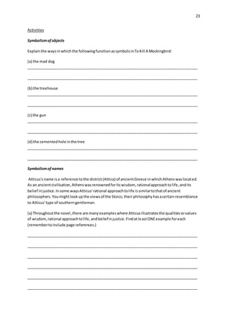 23
Activities
Symbolismofobjects
Explainthe waysinwhichthe followingfunctionassymbolsinToKill A Mockingbird:
(a) the mad dog
__________________________________________________________________________________
__________________________________________________________________________________
(b) the treehouse
__________________________________________________________________________________
__________________________________________________________________________________
(c) the gun
__________________________________________________________________________________
__________________________________________________________________________________
(d) the cementedhole inthe tree
__________________________________________________________________________________
__________________________________________________________________________________
Symbolismofnames
Atticus'sname isa reference tothe district(Attica) of ancientGreece inwhichAthenswaslocated.
As an ancientcivilisation,Athenswasrenownedforitswisdom, rationalapproachtolife,andits
belief injustice.Insome waysAtticus'rational approachtolife issimilartothatof ancient
philosophers.Youmightlookupthe viewsof the Stoics; theirphilosophyhasacertainresemblance
to Atticus'type of southerngentleman.
(a) Throughoutthe novel,there are manyexampleswhere Atticusillustratesthe qualitiesorvalues
of wisdom,rational approachtolife,andbeliefinjustice.FindatleastONEexample foreach
(remembertoinclude page references.)
__________________________________________________________________________________
__________________________________________________________________________________
__________________________________________________________________________________
__________________________________________________________________________________
__________________________________________________________________________________
__________________________________________________________________________________
 