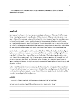6
3. What are the conflictingmessagesScoutreceivesabout"beingalady"fromthe female
characters inthe novel?
__________________________________________________________________________________
__________________________________________________________________________________
__________________________________________________________________________________
__________________________________________________________________________________
Jem Finch
Scout's olderbrother,JemFinchchangesconsiderablyoverthe course of the novel.Atfirstyousee
himas Scout's playmate andequal.Once the childrenstartschool,however,Jembecomesmore
aware of the differenceinage betweenhimselfandhissister.He doesn'twantherto embarrasshim
infront of hisfifth-grade friends.Andlaterhe andDill developafriendshipfromwhichScoutis
partly excludedbecauseshe isagirl.In thispart of the storyyou see Jemasthe wiserolderbrother.
He isthe firstto figure outthat Boo Radleyhasbeentryingtocommunicate withthem, andhe does
hisbestto explainunfamiliarwordstoScout,eventhoughhe oftengetstheirmeaningswrong.
Jemisalso the more thoughtful andintrovertedof the Finchchildren.Unlike Scout,whoisafighter
by temperament,Jemseemsdeterminedtoobeyhisfather'srequesttoavoidfighting.He letshis
angerbuildinside,until one dayina fitof temperhe destroysMrs. Dubose'sgarden.Later,at the
time of the trial,Jem'soptimisticview of humannature becomesapparent.He isprobablythe only
personintownwhoreallybelievesthatjustice willbe done andTomRobinsonfoundinnocent.
Whenthisdoesnot happen,hisdisillusionmentissogreatthat fora time he can't stand eventotalk
aboutthe incident.
By the endof the storyJemis almostgrownup.Onthe surface,he seemsquickerthanScoutto put
the trial behind,butinwardly,he hasbeenmore disturbedthanScoutbythe eventsof the trial.It is
worthconsideringthatJem'sbrokenarmat the endof the story isa deliberate signthathe will be
woundedforeverbywhathe has observed.
Activities
1. JemFinchisone of the most importantandcomplex charactersinthe novel.
(a) How doeshisrelationshipwithScoutchange overthe course of the story?
__________________________________________________________________________________
__________________________________________________________________________________
__________________________________________________________________________________
__________________________________________________________________________________
 