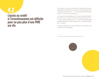 Fragilité financière de l’entreprise 
Secteur d’activité 
considéré comme trop risqué 
Nature 
essentielle-ment 
immatérielle 
des projets 
Secteur 
d’activité 
méconnu 
des banques 
66 % 
(-1 point 
sur fin 
2013) 
43 % 
(+ 7 points) 
17 % 
(+ 4 points) 
16 % 
(+ 1 point) 
Source : Bpifrance. 
PME 59e ENQUÊTE DE CONJONCTURE JUILLET 2014 Bpifrance 73 
• DIFFICULTÉ D’ACCÈS AU CRÉDIT À L’INVESTISSEMENT 
EN % 
Source : Bpifrance. 
Moins de 10 salariés 
10 à 250 salariés 
14 
12 
10 
8 
6 
4 
2 
0 
Mai.11 Nov.11 Mai.12 Nov.12 Mai.13 Nov.13 Mai.14 
Enfin, ni les performances à l’exportation, ni l’innovation ne sont 
des facteurs discriminants sur l’accès au crédit à l’investissement. 
Aux quelques 11 % d’entreprises ayant dit avoir rencontré des 
difficultés, il était demandé d’en indiquer les causes parmi la liste 
suivante ( possibilité de réponses multiples ) : 
La fragilité financière de l’entreprise apparaît toujours comme la 
principale cause de refus, mais l’appartenance à un secteur 
d’activité considéré comme risqué constitue de plus en plus un 
obstacle. 
 