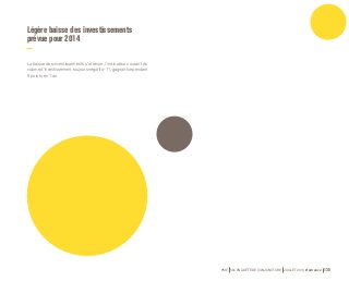 PME 59e ENQUÊTE DE CONJONCTURE JUILLET 2014 Bpifrance 135 
Légère baisse des investissements 
prévue pour 2014 
La baisse des investissements s’atténue, l’indicateur courant du 
volume d’investissement, toujours négatif à -11, gagnant cependant 
9 points en 1 an. 
 