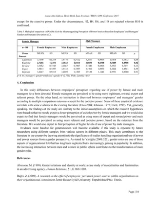 Asena Altın Gülova, Deniz Dirik, İnan Eryılmaz / METU GWS Conference 2015
Page | 16
except for the coercive power. Under the circumstances, H2, H4, H6, and H8 are rejected whereas H10 is
confirmed.
Table 5. Multiple Comparison (MANOVA) of the Means regarding Perception of Power Sources Based on Employees’ and Managers’
Gender and Standard Deviation (SD)
Female Manager Male Manager
n=164 Female Employees Male Employees Female Employees Male Employees
Power
Sources
MEAN SD MEAN SD MEAN SD MEAN SD p
Legitimate 3,7500 0,5219 3,9778 0,5112 3,2667 0,8934 3,6418 0,7572 0,58
Coercive 2,7266 1,2351 3,4833 1,0414 3,0850 0,8308 3,0485 0,8508 0,02
Reward 3,3062 0,7343 3,4667 0,7807 2,7440 0,8806 3,3313 0,7071 0,13
Expert 3,9813 0,7297 3,9333 0,7297 3,1960 1,0973 3,3224 0,8513 0,59
Referent 3,6667 0,9313 3,6889 1,1305 2,9133 1,1641 2,9751 0,9380 0,91
p<0, 05, manager’s gender*employee’s gender F (2,723), Wilks Lambda: 0,92
4. Conclusion
In this study differences between employees’ perception regarding use of power by female and male
managers have been detected. Female managers are perceived to be using more legitimate, reward, expert and
referent power. On the other hand, no interaction is discerned between employees’ and managers’ gender
according to multiple comparison outcomes except for the coercive power. Some of these empirical evidence
correlate with some evidence in the existing literature (Elias 2004; Johnson, 1976; Carli, 1999). Yet, generally
speaking, the findings of the study are contrary to the initial assumptions on which the research hypotheses
were based in that we would expect a lower perception of use of power by female managers and we would also
expect to find that female managers would be perceived as using more of expert and reward power and male
managers would be perceived as using more referent and coercive power, based on the evidence from the
literature. We would also expect to find perception of higher levels of use of power by male managers.
Evidence more feasible for generalization will become available if this study is repeated by future
researchers using different samples from various sectors in different places. This study contributes to the
literature in our country by drawing attention to the significance of studies handling organizational use of power
and power sources from a gender perspective. As stated by Varoğlu (2001:323), gender roles are one of those
aspects of organizational life that has long been neglected but is increasingly gaining in popularity. In addition,
the increasing interaction between men and women in public sphere contributes to the transformation of male
gender roles.
References
Alvesson, M. (1998). Gender relations and identity at work: a case study of masculinities and femininities
in an advertising agency. Human Relations, 51, 8, 969-1005.
Bağcı, Z. (2009). A research on the effect of employees’ perceived power sources within organizations on
their organizational commitment. İzmir Dokuz Eylül University, Unpublished PhD. Thesis.
 