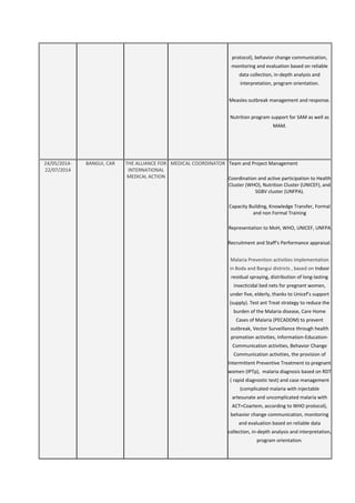 protocol), behavior change communication,
monitoring and evaluation based on reliable
data collection, in-depth analysis and
interpretation, program orientation.
Measles outbreak management and response.
Nutrition program support for SAM as well as
MAM.
24/05/2014-
22/07/2014
BANGUI, CAR THE ALLIANCE FOR
INTERNATIONAL
MEDICAL ACTION
MEDICAL COORDINATOR Team and Project Management
Coordination and active participation to Health
Cluster (WHO), Nutrition Cluster (UNICEF), and
SGBV cluster (UNFPA).
Capacity Building, Knowledge Transfer, Formal
and non Formal Training
Representation to MoH, WHO, UNICEF, UNFPA
Recruitment and Staff‘s Performance appraisal.
Malaria Prevention activities implementation
in Boda and Bangui districts , based on Indoor
residual spraying, distribution of long-lasting
insecticidal bed nets for pregnant women,
under five, elderly, thanks to Unicef’s support
(supply). Test ant Treat strategy to reduce the
burden of the Malaria disease, Care Home
Cases of Malaria (PECADOM) to prevent
outbreak, Vector Surveillance through health
promotion activities, Information-Education-
Communication activities, Behavior Change
Communication activities, the provision of
Intermittent Preventive Treatment to pregnant
women (IPTp), malaria diagnosis based on RDT
( rapid diagnostic test) and case management
(complicated malaria with injectable
artesunate and uncomplicated malaria with
ACT=Coartem, according to WHO protocol),
behavior change communication, monitoring
and evaluation based on reliable data
collection, in-depth analysis and interpretation,
program orientation.
 