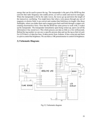21
energy that can be used to power the tag. The transponder is the part of the RFID tag that
converts that radio frequency into usable power, as well as sends and receives messages.
When the transponder is hit by the radio waves, the waves go up and down the length of
the transceiver, oscillating. You might know that when a wire passes through any sort of
magnetic or electric field, it can convert and conduct that field down its length. Like those
flashlights, where you shake them and a magnet goes back and forth through a copper coil,
creating electromotive force. Now that the RFID has some power to work with, it wakes
up the transponder. The transponder immediately upon being woken up, spews out all the
information it has stored on it. This whole process can take as little as a few milliseconds.
Behind the tag number we can save a specific persons data and use the tag as their id card.
For LCD there is 4 data bus lines. It takes power from Arduino. It has a reset pin and there
is a pin to control the brightness. We use there a 10K potentiometer to control its brightness.
3.3 Schematic Diagram:
Fig 3.2: Schematic diagram
 
