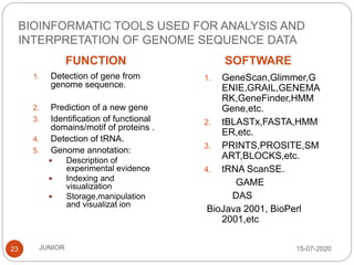 BIOINFORMATIC TOOLS USED FOR ANALYSIS AND
INTERPRETATION OF GENOME SEQUENCE DATA
FUNCTION SOFTWARE
15-07-2020JUNIOR23
1. Detection of gene from
genome sequence.
2. Prediction of a new gene
3. Identification of functional
domains/motif of proteins .
4. Detection of tRNA.
5. Genome annotation:
 Description of
experimental evidence
 Indexing and
visualization
 Storage,manipulation
and visualizat ion
1. GeneScan,Glimmer,G
ENIE,GRAIL,GENEMA
RK,GeneFinder,HMM
Gene,etc.
2. tBLASTx,FASTA,HMM
ER,etc.
3. PRINTS,PROSITE,SM
ART,BLOCKS,etc.
4. tRNA ScanSE.
GAME
DAS
BioJava 2001, BioPerl
2001,etc
 