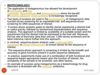 15-07-2020JUNIOR31
 BIOTECHNOLOGY:
 The application of metagenomics has allowed the development
of commodity and fine
chemicals, agrochemicals and pharmaceuticals where the benefit
of enzyme-catalyzed chiral synthesis is increasingly recognized.
 Two types of analysis are used in the bioprospecting of metagenomic data:
function-driven screening for an expressed trait, and sequence-driven
screening for DNA sequences of interest.
 Function-driven analysis seeks to identify clones expressing a desired trait
or useful activity, followed by biochemical characterization and sequence
analysis. This approach is limited by availability of a suitable screen and the
requirement that the desired trait be expressed in the host cell. Moreover,
the low rate of discovery (less than one per 1,000 clones screened) and its
labor-intensive nature further limit this approach.
 In contrast, sequence-driven analysis uses conserved DNA
sequences to design PCR primers to screen clones for the sequence of
interest.
 The sequence-driven approach to screening is limited by the breadth and
accuracy of gene functions present in public sequence databases.
 In practice, experiments make use of a combination of both functional and
sequence-based approaches based upon the function of interest, the
complexity of the sample to be screened, and other factors.
 An example of success using metagenomics as a biotechnology for drug
discovery is illustrated with the malacidin antibiotics.
 